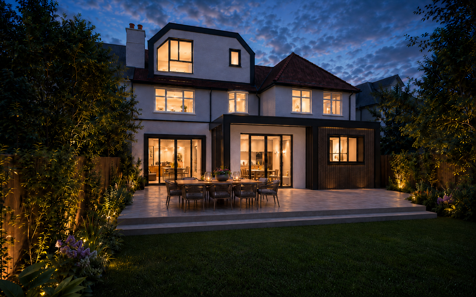 A residential extension shown at dusk with garden lighting