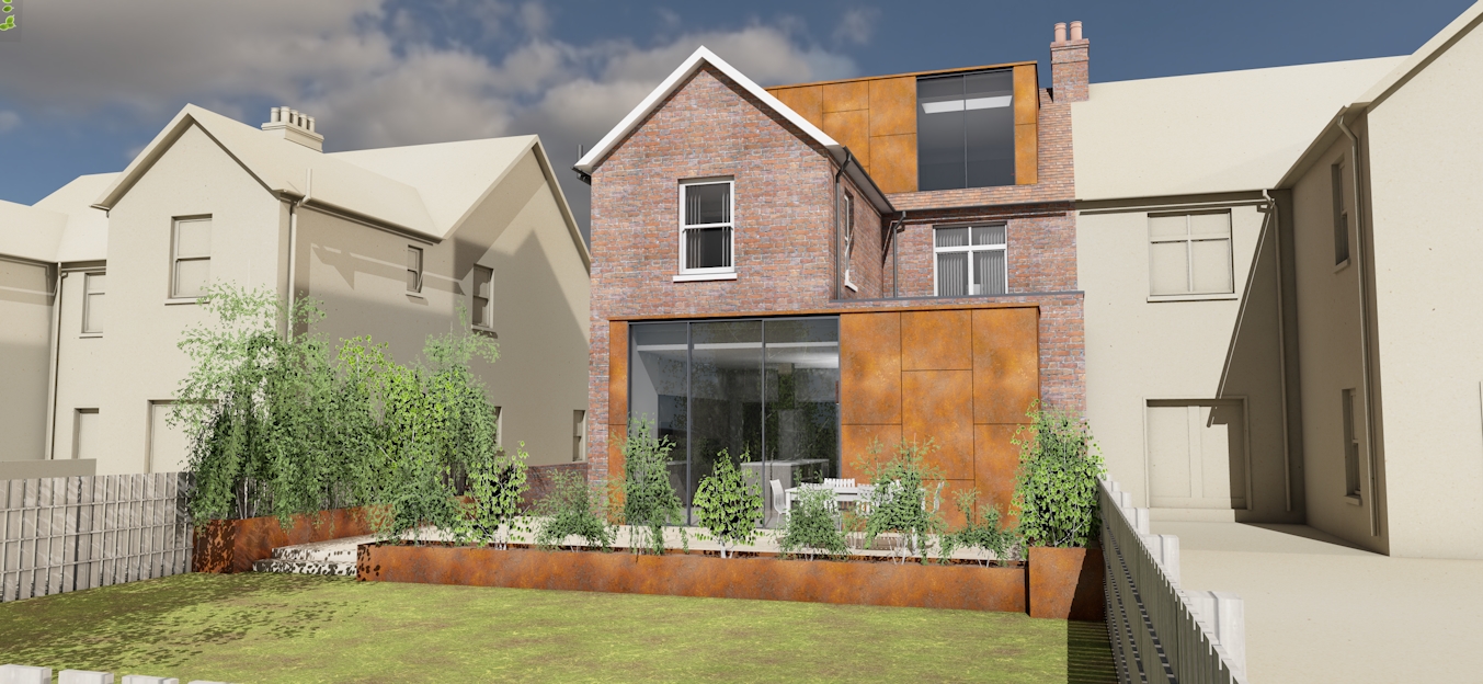 Contemporary rear extension, loft conversion, corten steel, full height glazing