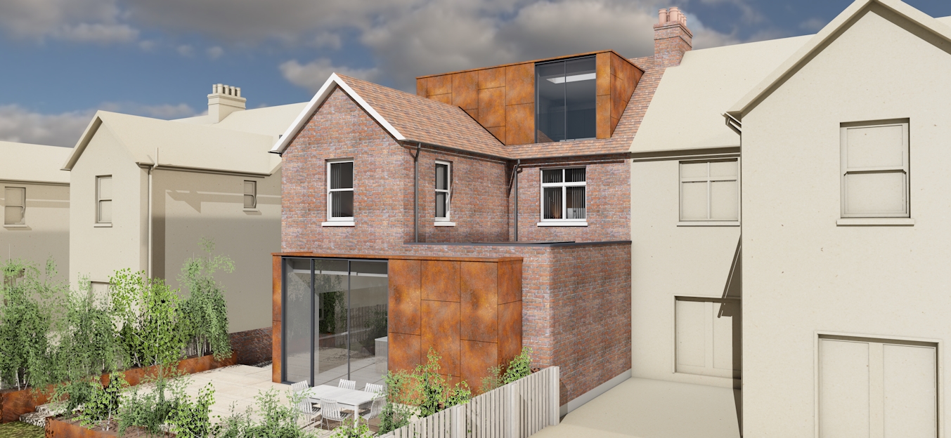 Contemporary rear extension, loft conversion, corten steel, full height glazing