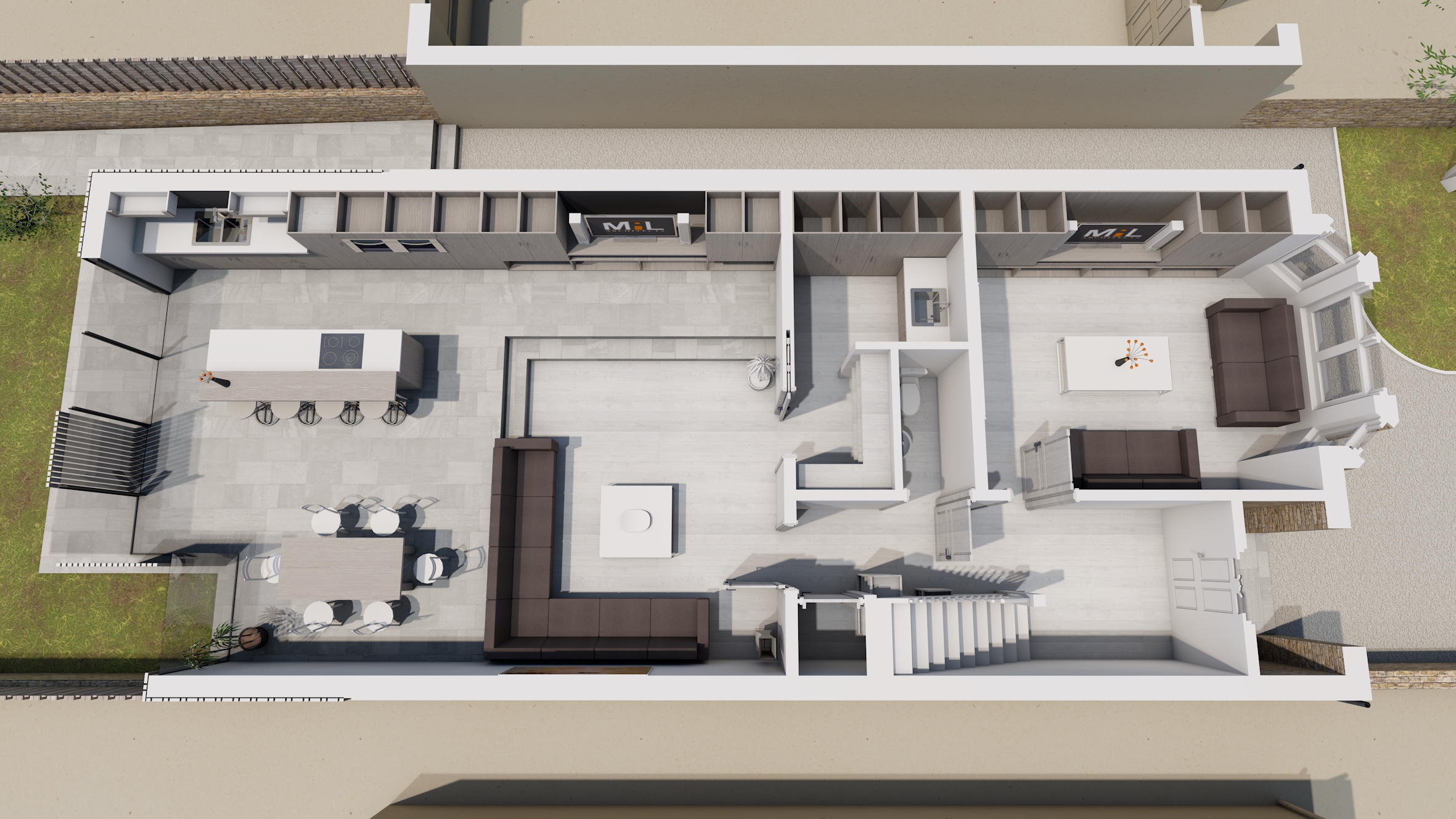 Open plan, glass sliding doors,