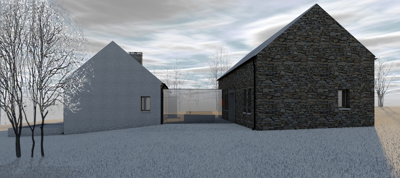 Stone barn conversion; glass enclosure, stone walls