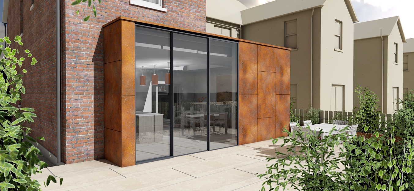 Contemporary rear extension, loft conversion, corten steel, full height glazing
