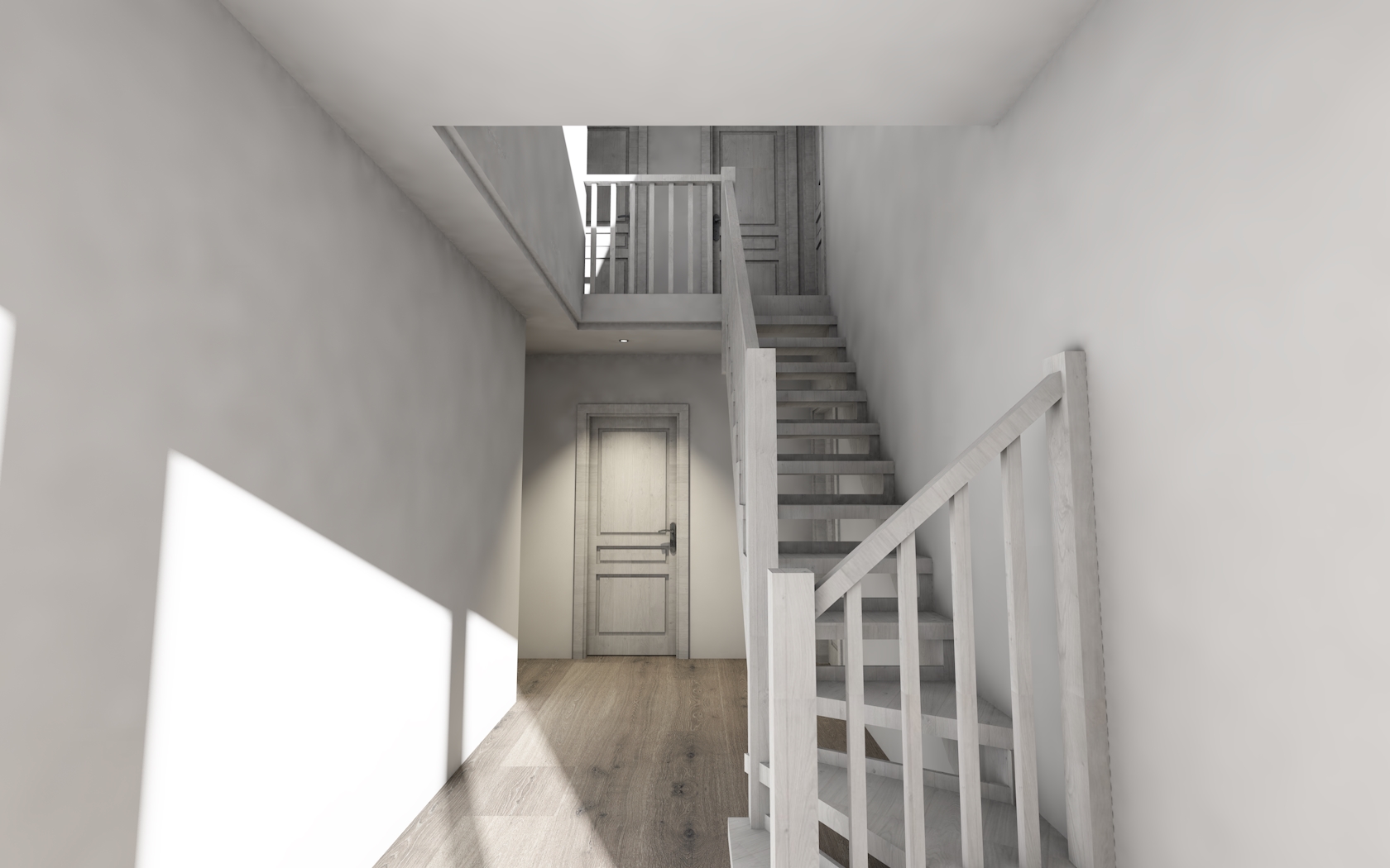 Loft conversion, new stairs, first floor; skylight, double height space